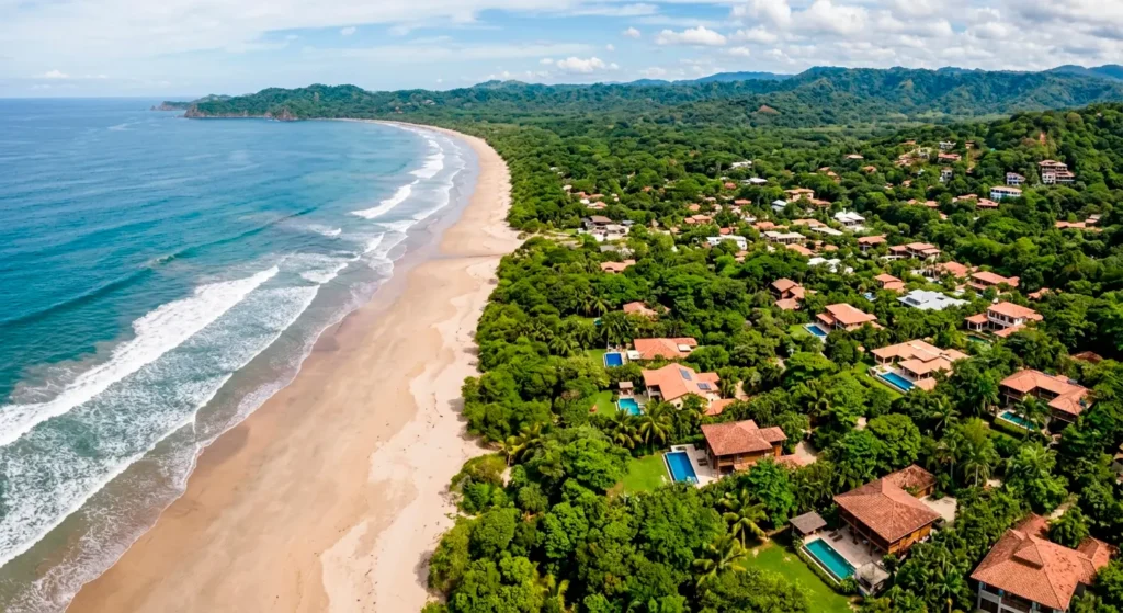 Aerial view of Playa Guiones and vacation rental homes in Nosara, Costa Rica.