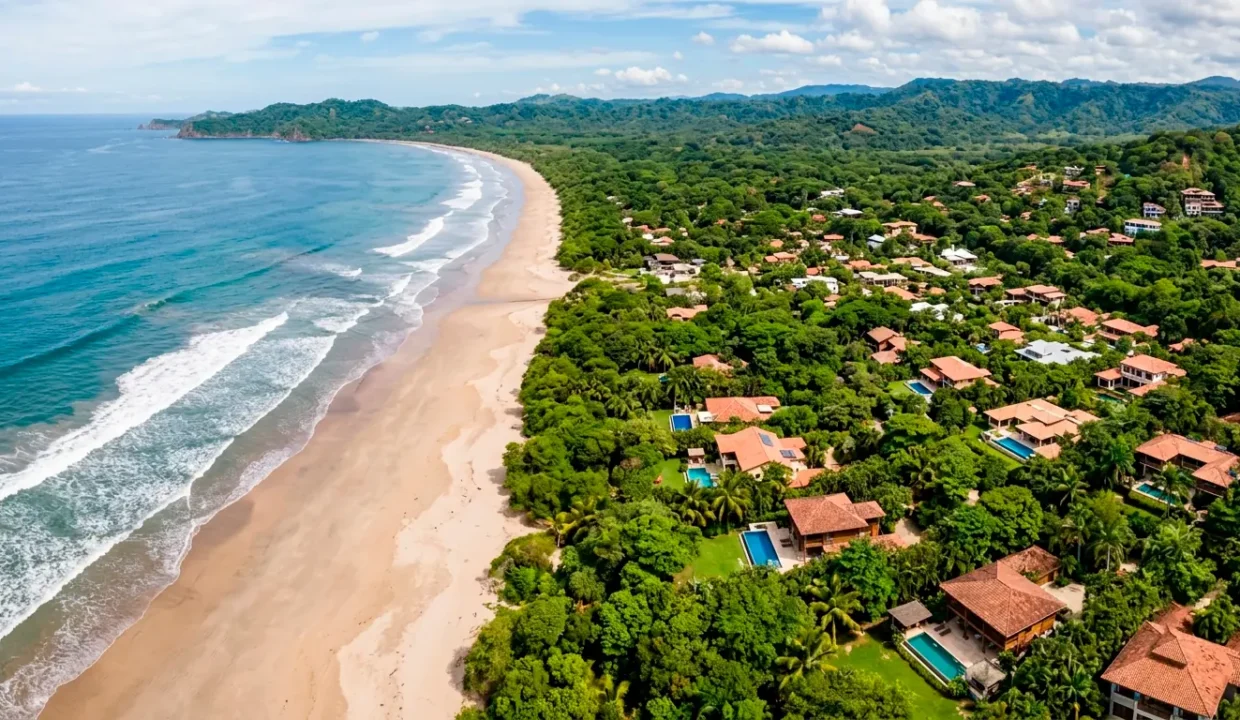 Aerial view of Playa Guiones and vacation rental homes in Nosara, Costa Rica.