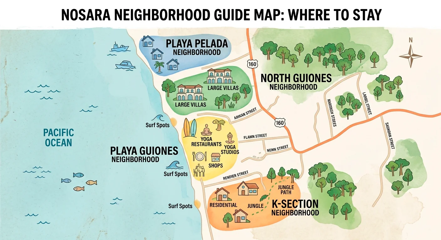 Map showing the best areas to stay in Nosara, Costa Rica.