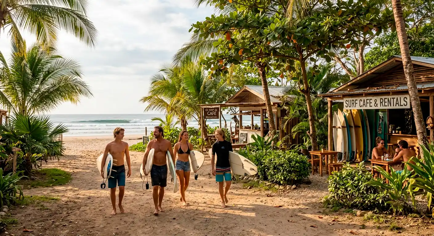 Playa Guiones beach with surfers and local cafes in Nosara.